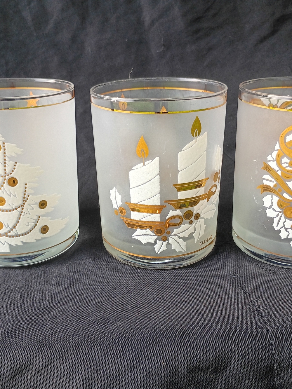 Set of 3 Culver Mid Century Double Old Fashion Tumbler Glasses Christmas